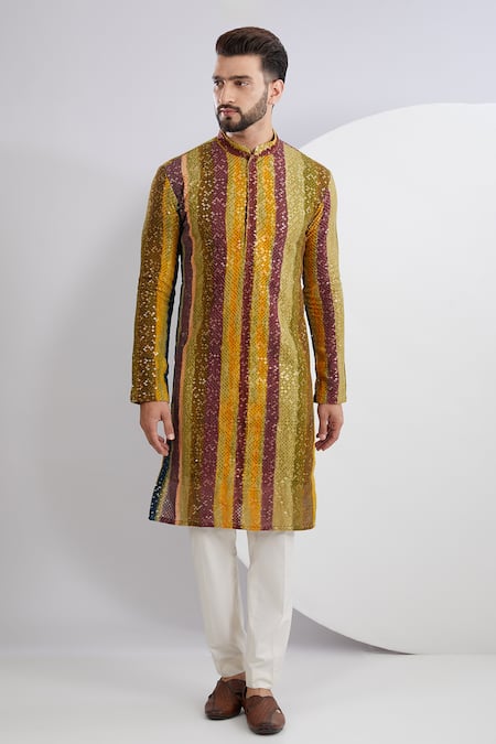 Kasbah Multi Color Georgette Embroidered Thread Gradient Stripe Pattern Kurta