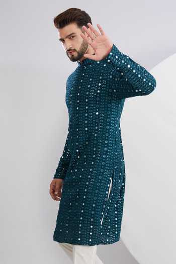 Kasbah Blue Georgette Embroidery Foliage Threadwork Kurta Online at Aza Fashions Kasbah_Blue Georgette Embroidery Foliage Threadwork Kurta _Online_at_Aza_Fashions