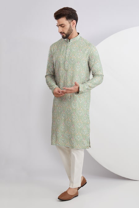 Buy Green Georgette Embroidered Thread Floral Bouquet Kurta Set For Men ...