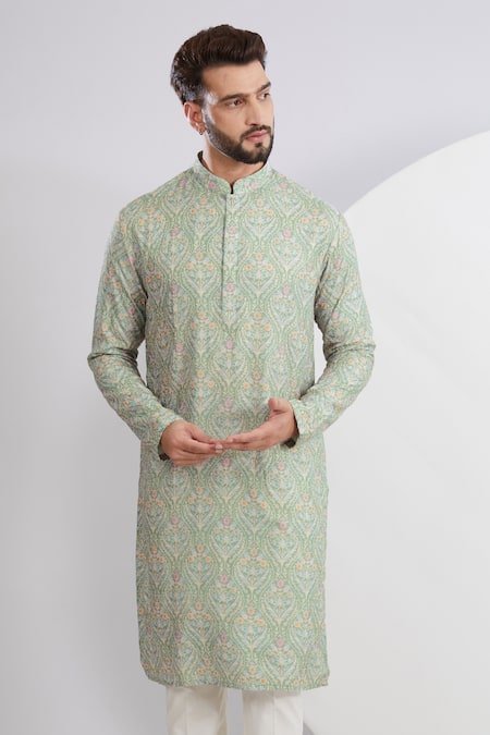 Kasbah Green Georgette Embroidery Floral Bouquet Kurta Online at Aza Fashions Kasbah_Green Georgette Embroidery Floral Bouquet Kurta_Online_at_Aza_Fashions
