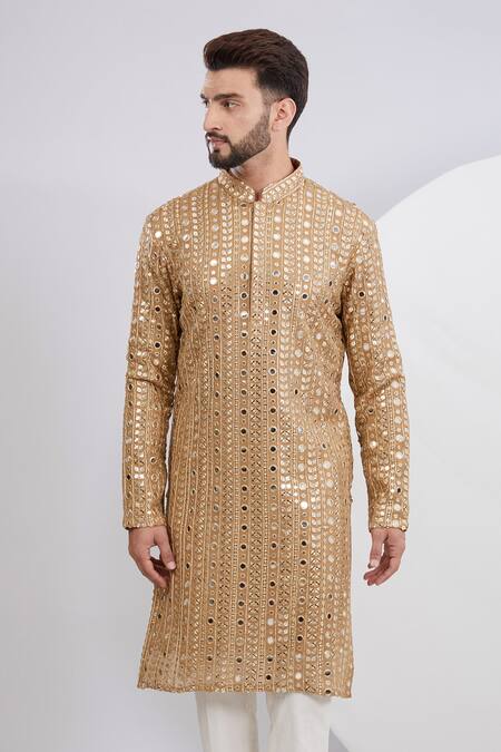 Kasbah_Beige Georgette Embroidery, Mirrors Threadwork Stripe Kurta Set _Online_at_Aza_Fashions