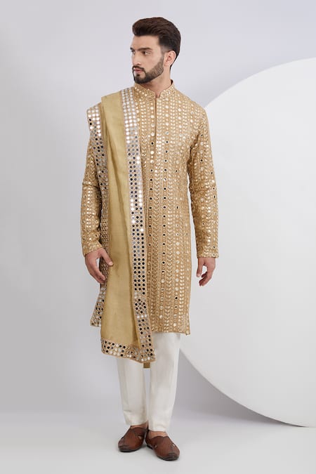 Kasbah Beige Georgette Embroidered Thread Mirrorwork Kurta Set