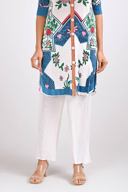 Crimp_White Polyester Mandarin Collar Nile Printed Textured Tunic With Pant_Online_at_Aza_Fashions
