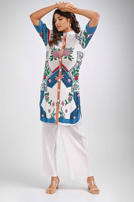 Shop_Crimp_White Polyester Mandarin Collar Nile Printed Textured Tunic With Pant_Online_at_Aza_Fashions
