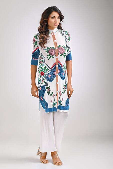 Shop_Crimp_White Polyester Mandarin Collar Nile Printed Textured Tunic With Pant_at_Aza_Fashions