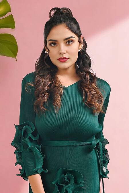 Crimp Emerald Green Polyester Ruffles V-neck Claire Textured Dress Online at Aza Fashions Crimp_Emerald Green Polyester Ruffles V-neck Claire Textured Dress_Online_at_Aza_Fashions