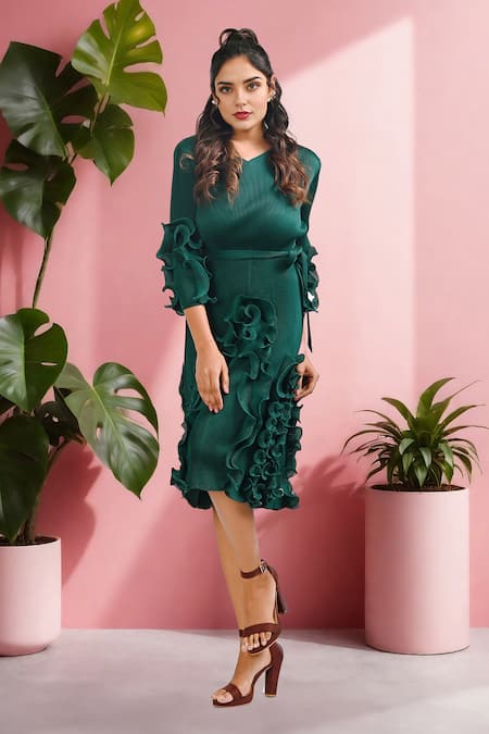 Shop Crimp Emerald Green Polyester Ruffles V-neck Claire Textured Dress at Aza Fashions Shop_Crimp_Emerald Green Polyester Ruffles V-neck Claire Textured Dress_at_Aza_Fashions
