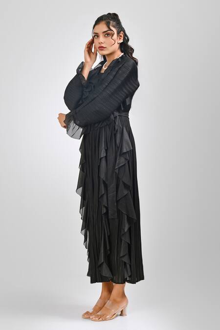 Shop_Crimp_Black Polyester Round Neck Pepper Frilled Ruffle Dress _at_Aza_Fashions