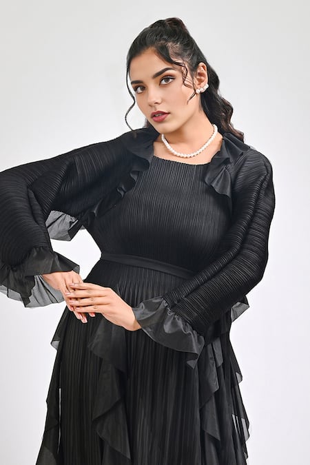 Crimp_Black Polyester Round Neck Pepper Frilled Ruffle Dress _Online_at_Aza_Fashions