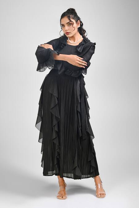 Buy_Crimp_Black Polyester Round Neck Pepper Frilled Ruffle Dress _Online_at_Aza_Fashions