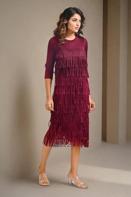 Shop_Crimp_Red Polyester Round Neck Seirra Fringed Dress _at_Aza_Fashions