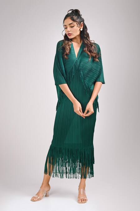 Shop_Crimp_Emerald Green Polyester V-neck Neo Sophie Draped Textured Dress_at_Aza_Fashions