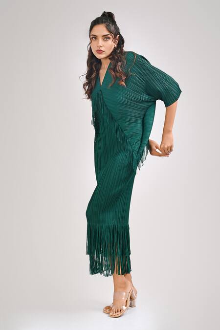 Crimp_Emerald Green Polyester V-neck Neo Sophie Draped Textured Dress_Online_at_Aza_Fashions