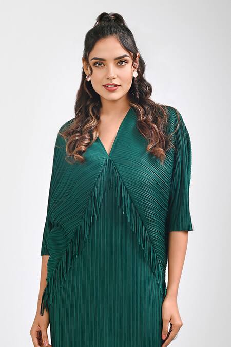 Buy_Crimp_Emerald Green Polyester V-neck Neo Sophie Draped Textured Dress_Online_at_Aza_Fashions