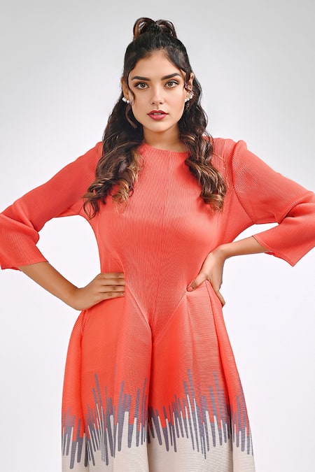 Crimp_Orange Polyester Round Neck Peru Gradient Print Hem Dress_Online_at_Aza_Fashions