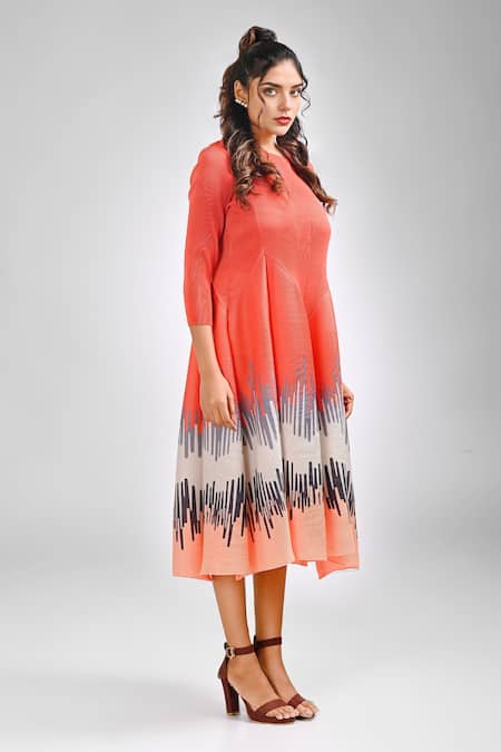 Buy_Crimp_Orange Polyester Round Neck Peru Gradient Print Hem Dress_Online_at_Aza_Fashions