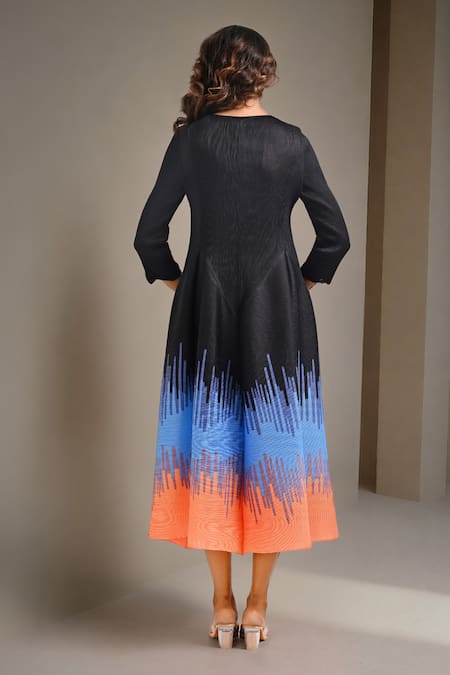 Shop_Crimp_Black Polyester Round Neck Peru Print Hem Textured Dress_at_Aza_Fashions