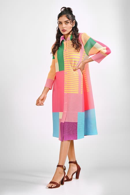 Crimp Multi Color 100% Polyester Textured Shirt Collar Lexyn Print Dress 