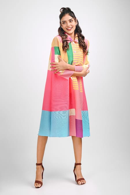 Shop_Crimp_Multi Color Polyester Shawl Neck Lexyn Collage Print Dress _at_Aza_Fashions