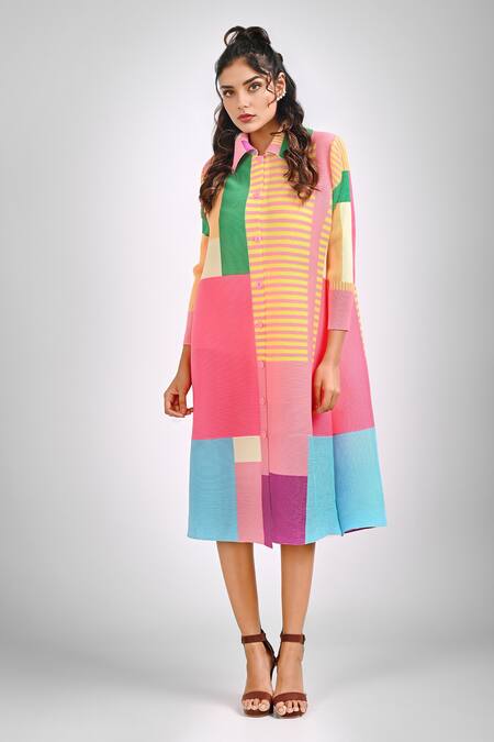 Crimp_Multi Color Polyester Shawl Neck Lexyn Collage Print Dress _Online_at_Aza_Fashions