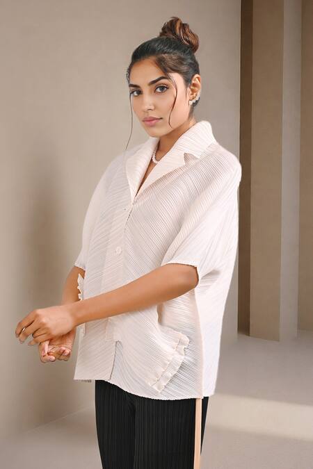 Crimp_White Polyester Collared Mynx Textured Shirt _Online_at_Aza_Fashions