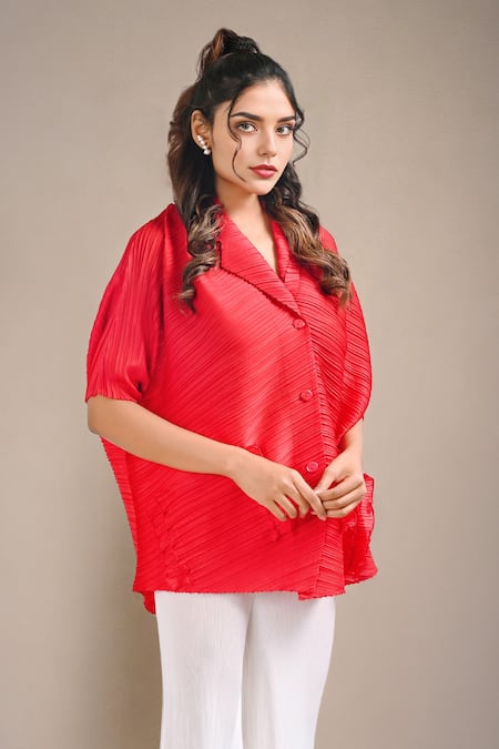Crimp Red Polyester Collared Mynx Plain Textured Shirt 