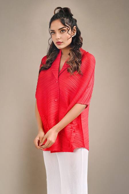 Crimp_Red Polyester Collared Mynx Plain Textured Shirt_Online_at_Aza_Fashions