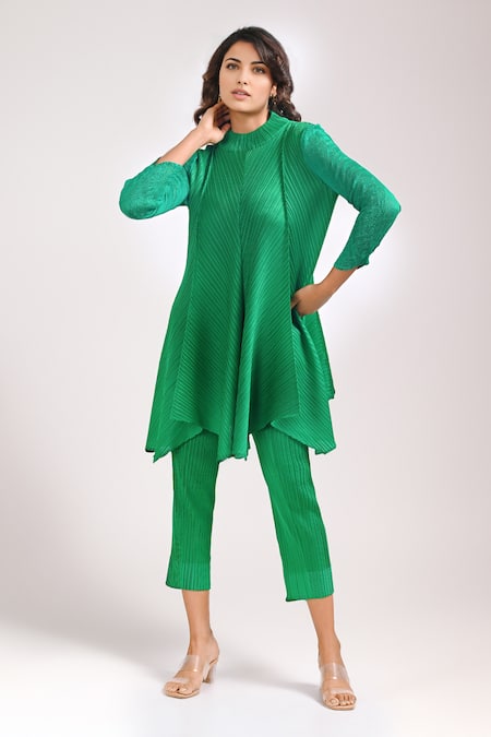 Crimp Emerald Green Polyester Collared Savanah Textured Tunic With Pant 