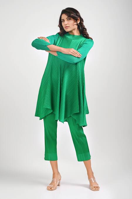 Crimp_Emerald Green Polyester Collared Savanah Textured Tunic With Pant_Online_at_Aza_Fashions