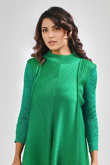 Buy_Crimp_Emerald Green Polyester Collared Savanah Textured Tunic With Pant_Online_at_Aza_Fashions