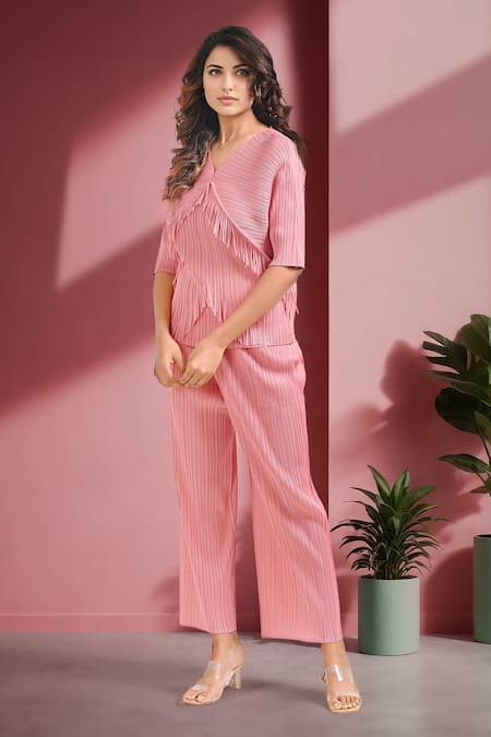 Crimp_Coral Polyester Fringe V-neck Paradiso Top With Pant _Online_at_Aza_Fashions