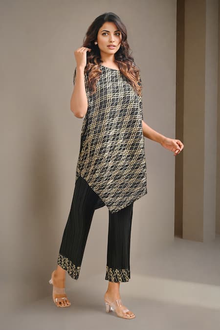 Crimp Black 100% Polyester Textured Checkered Selene Print Tunic With Pant 