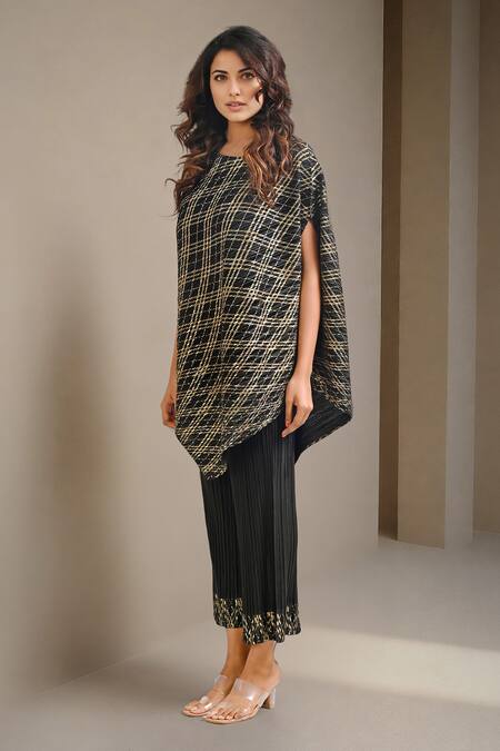 Crimp Black Polyester Round Neck Selene Checkered Print Tunic With Pant Online at Aza Fashions Crimp_Black Polyester Round Neck Selene Checkered Print Tunic With Pant_Online_at_Aza_Fashions