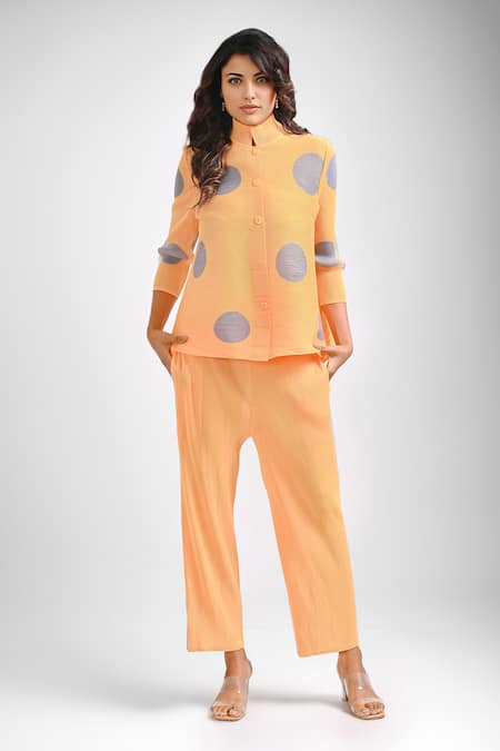 Crimp Rosette Dot Print Shirt With Pant 