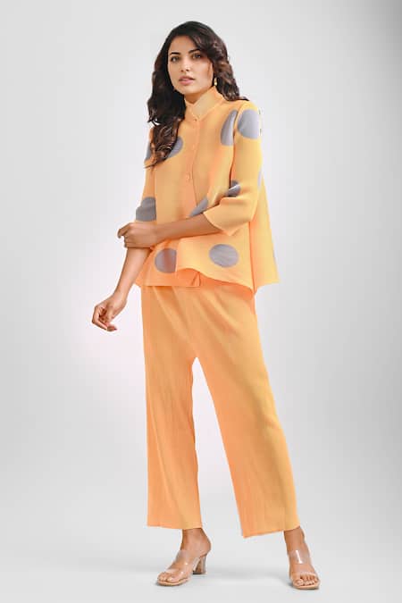 Shop Crimp Yellow Polyester Bandeau Neck Rosette Dot Print Shirt With Pant at Aza Fashions Shop_Crimp_Yellow Polyester Bandeau Neck Rosette Dot Print Shirt With Pant_at_Aza_Fashions