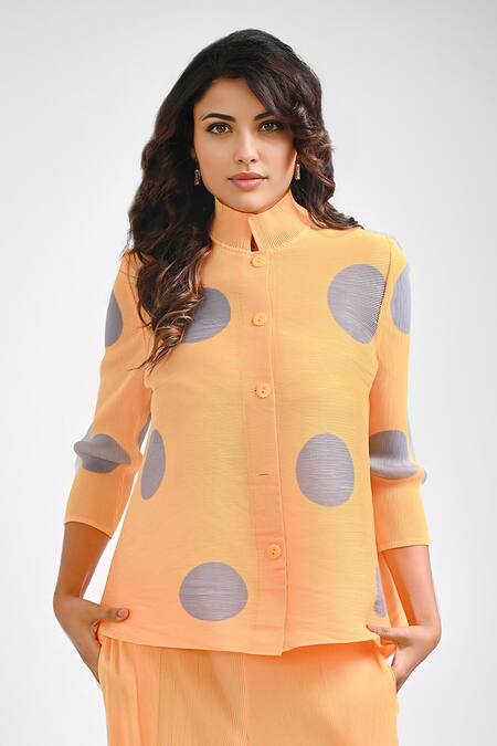 Crimp Yellow Polyester Bandeau Neck Rosette Dot Print Shirt With Pant Online at Aza Fashions Crimp_Yellow Polyester Bandeau Neck Rosette Dot Print Shirt With Pant_Online_at_Aza_Fashions