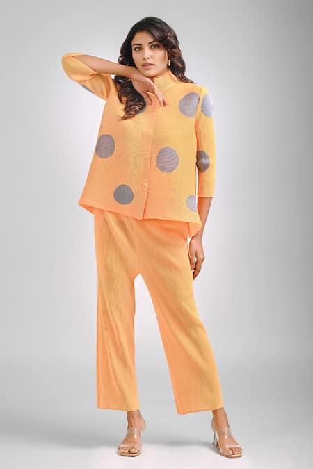 Shop Crimp Yellow Polyester Bandeau Neck Rosette Dot Print Shirt With Pant Online at Aza Fashions Shop_Crimp_Yellow Polyester Bandeau Neck Rosette Dot Print Shirt With Pant_Online_at_Aza_Fashions