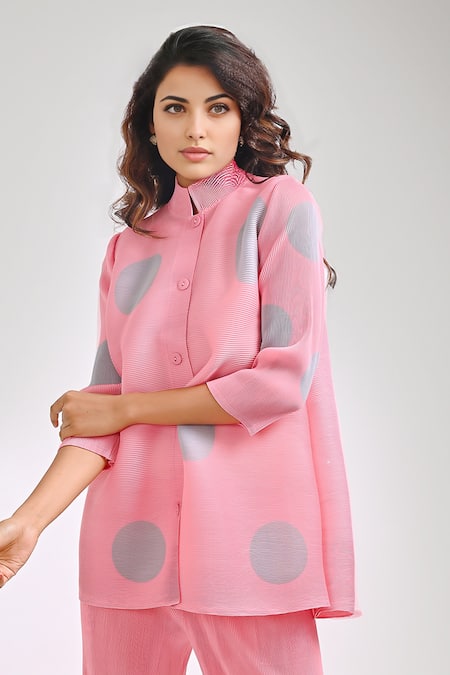 Crimp Pink Polyester Bandeau Neck Rosette Printed Shirt With Pant Online at Aza Fashions Crimp_Pink Polyester Bandeau Neck Rosette Printed Shirt With Pant_Online_at_Aza_Fashions