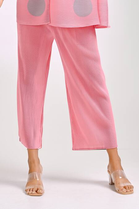 Buy Crimp Pink Polyester Bandeau Neck Rosette Printed Shirt With Pant Online at Aza Fashions Buy_Crimp_Pink Polyester Bandeau Neck Rosette Printed Shirt With Pant_Online_at_Aza_Fashions