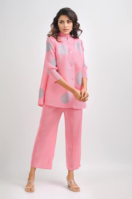 Shop Crimp Pink Polyester Bandeau Neck Rosette Printed Shirt With Pant Online at Aza Fashions Shop_Crimp_Pink Polyester Bandeau Neck Rosette Printed Shirt With Pant_Online_at_Aza_Fashions