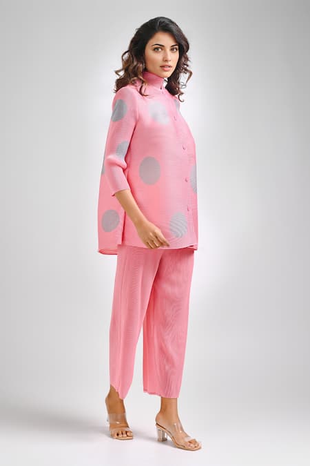 Shop Crimp Pink Polyester Bandeau Neck Rosette Printed Shirt With Pant at Aza Fashions Shop_Crimp_Pink Polyester Bandeau Neck Rosette Printed Shirt With Pant_at_Aza_Fashions