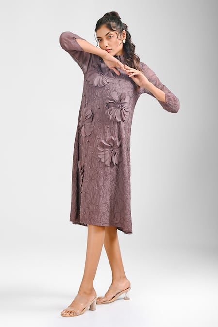 Crimp_Brown Polyester Embroidery, Applique V-neck Kai Floral Textured Dress_Online_at_Aza_Fashions