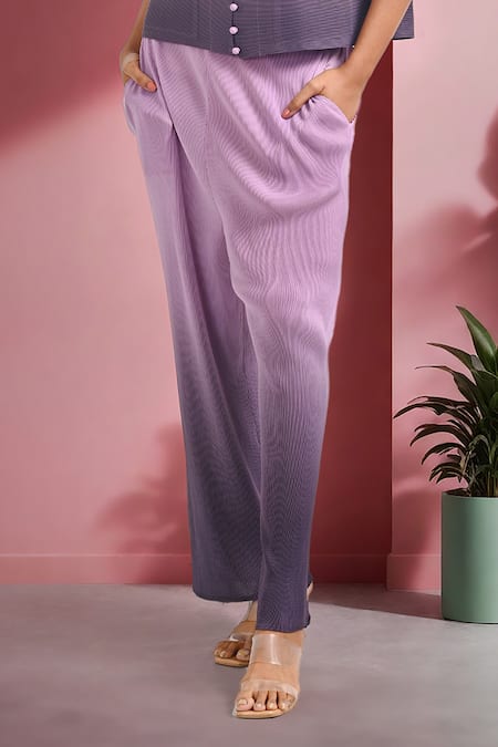 Crimp_Pink Polyester V-neck Maxime Ombre Shirt With Pant_Online_at_Aza_Fashions