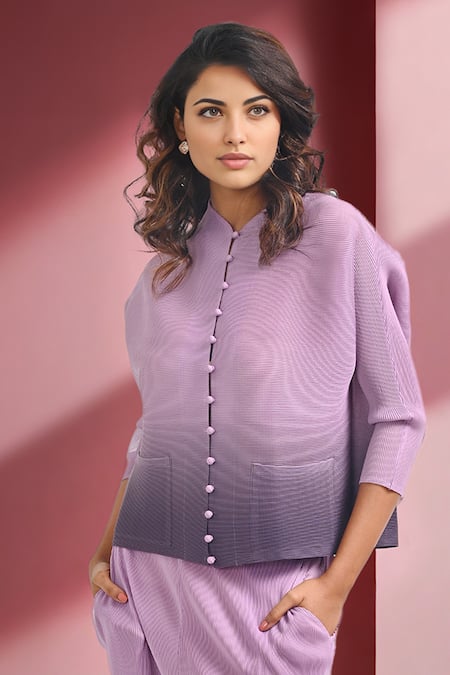 Buy_Crimp_Pink Polyester V-neck Maxime Ombre Shirt With Pant_Online_at_Aza_Fashions