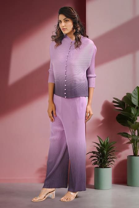 Shop_Crimp_Pink Polyester V-neck Maxime Ombre Shirt With Pant_Online_at_Aza_Fashions
