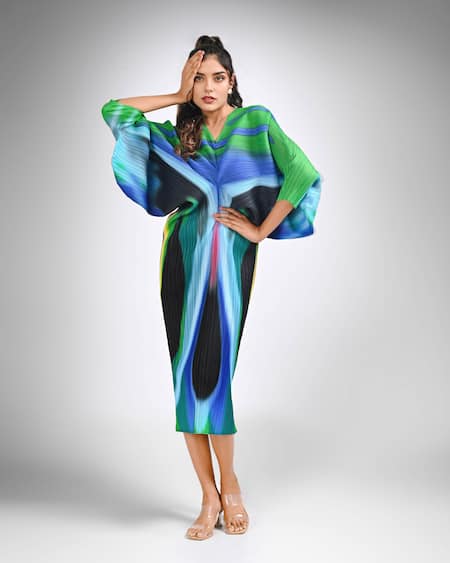 Shop_Crimp_Multi Color Polyester V-neck Sophie Abstract Print Dress _at_Aza_Fashions