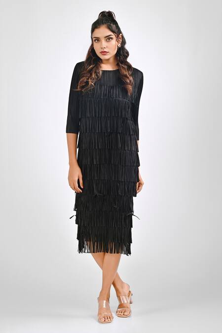 Crimp_Black Polyester Fringe Round Neck Seirra Layered Dress _Online_at_Aza_Fashions