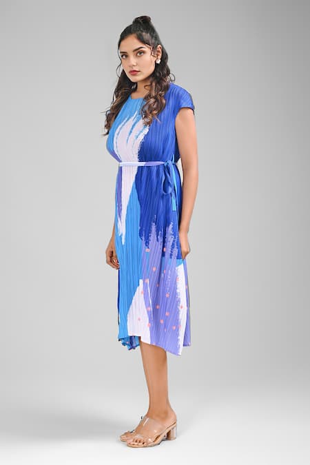 Crimp_Blue Polyester Round Neck Lira Gradient Print Dress_Online_at_Aza_Fashions