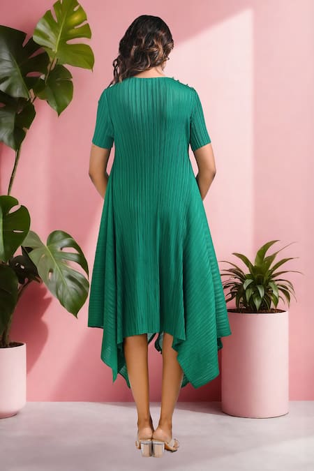 Shop_Crimp_Emerald Green Polyester Ruffles Round Neck Suki Textured Asymmetric Dress_at_Aza_Fashions