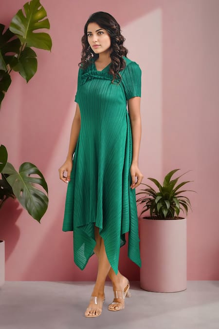 Crimp_Emerald Green Polyester Ruffles Round Neck Suki Textured Asymmetric Dress_Online_at_Aza_Fashions